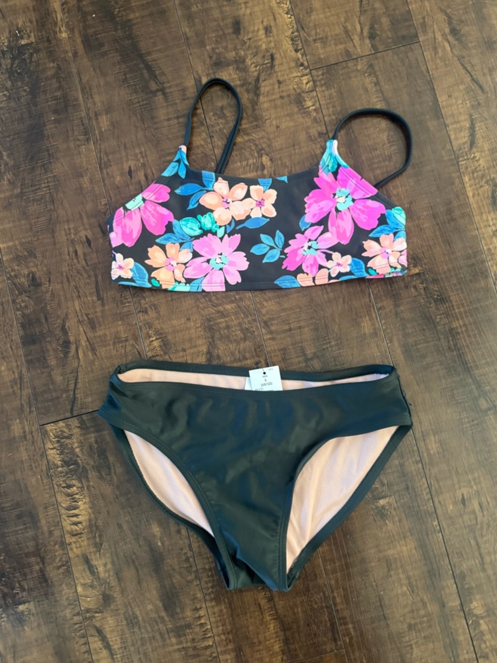 art class Girls Floral Bikini Top and Solid Bottom - Pink, Peach, Teal on Black